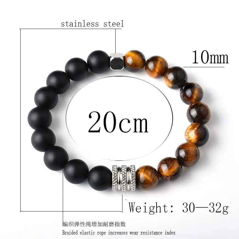 10mm Natural Stone Beaded Stretch Bracelets for Men&Women Stainless Steel Round Ball Charms Strand Bangles