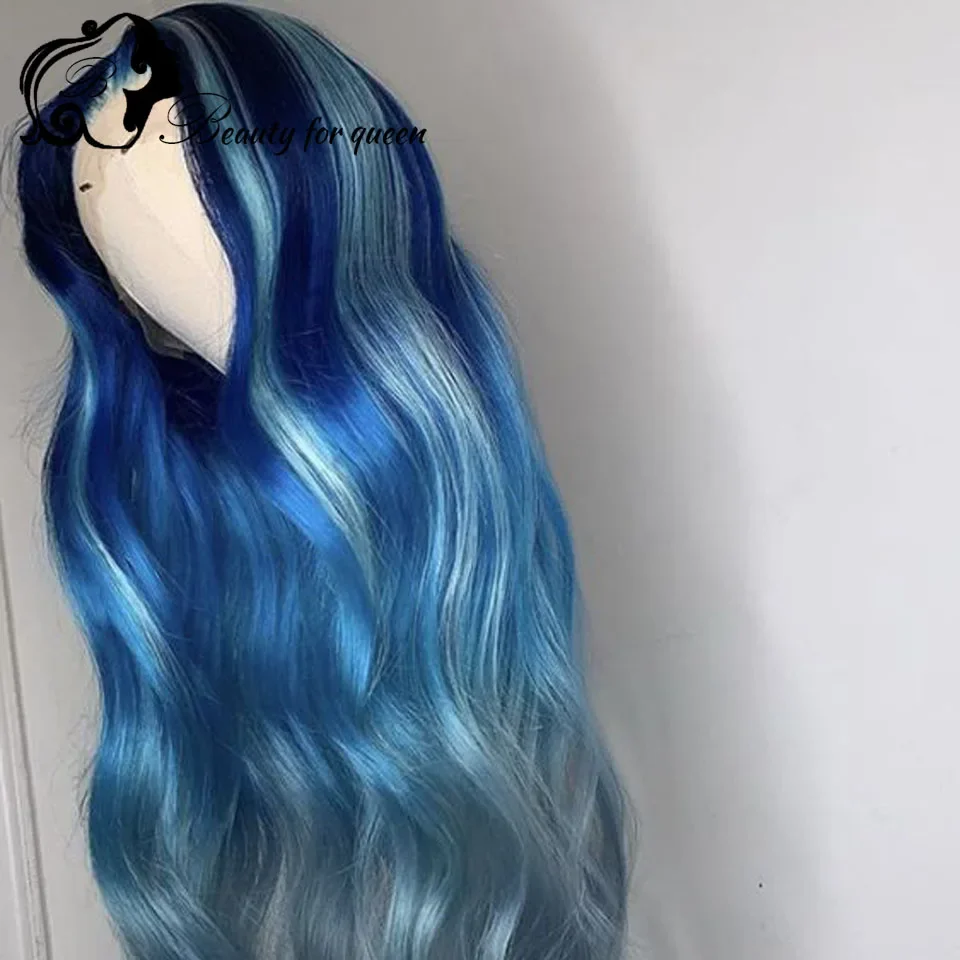 Wig Rambut Asli Biru Model Lace Front Untuk Wanita, Wig Lurus Densitas 180%, Wig Rambut Asli 100%, Sangat Nyaman Dipakai Saat Belanja