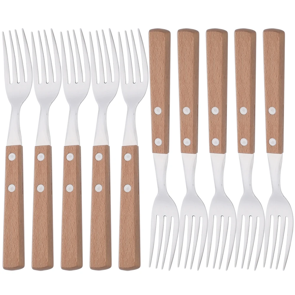 Drmfiy Natural Wood Handle Silver Forks Cutlery Set 4/6/10Pcs Stainless Steel Dinner Fork Dinnerware Home Kitchen Silverware Set