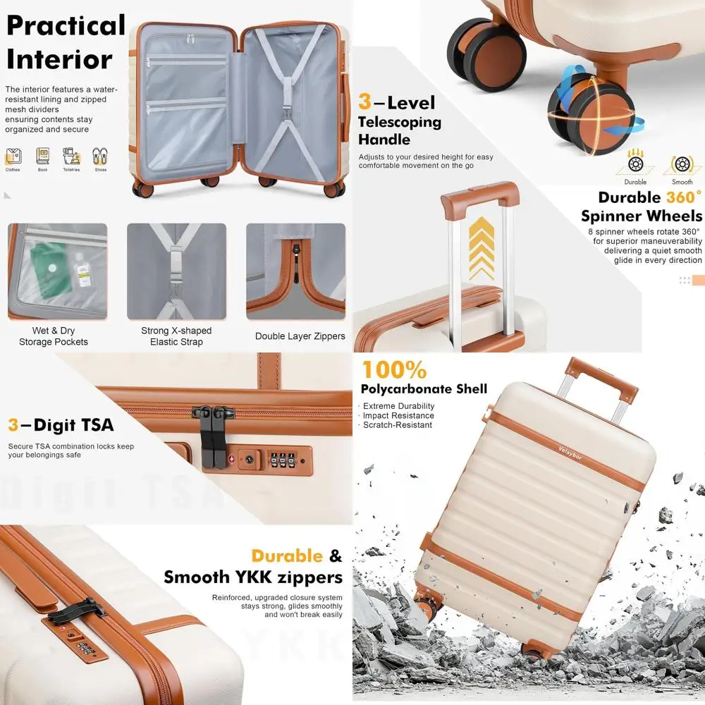 Juego de equipaje giratorio de 3 piezas, carcasa dura ligera para PC, cerradura TSA, cremallera YKK, 20 maletas de mano, color beige para viajes