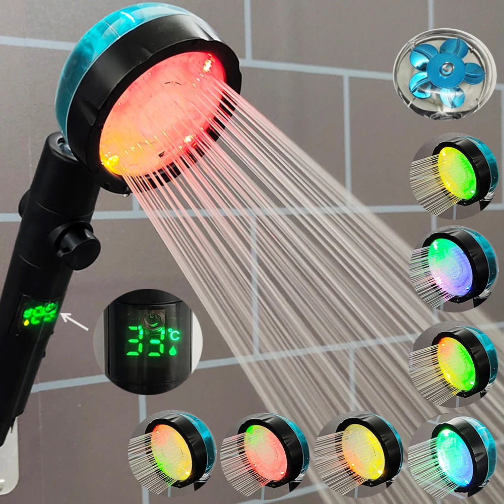 LED Digital Temperature Display Shower Head Temperature Control Colorful Fan High Pressure Rainfall Showerhead With Stop Button