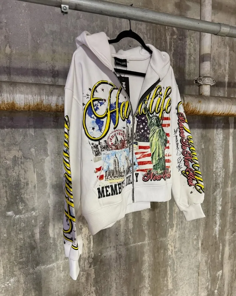 2025 European and American retro fashion men printed zipper hoodie Harajuku Goth streetwear coat couple oversized sweatshirt