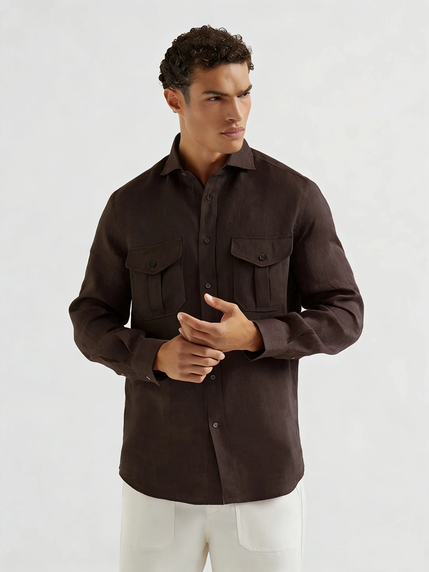 

Мужская повседневная рубашка в итальянском стиле, льняная, с двумя карманами, с длинным рукавом, деловая куртка, весна-лето, новинка, классический модный дизайн