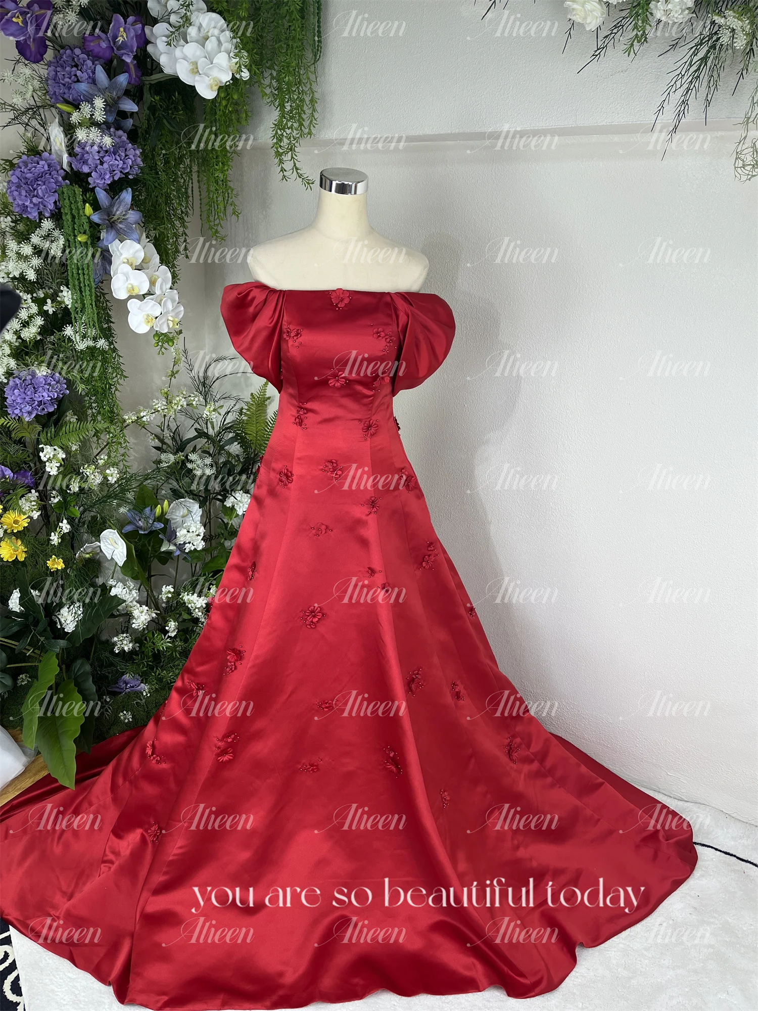 Aileen satén rojo 3D flores fuera del hombro vestidos de graduación 2024 vestido de noche de lujo para mujer fiesta elegante boda personalizado