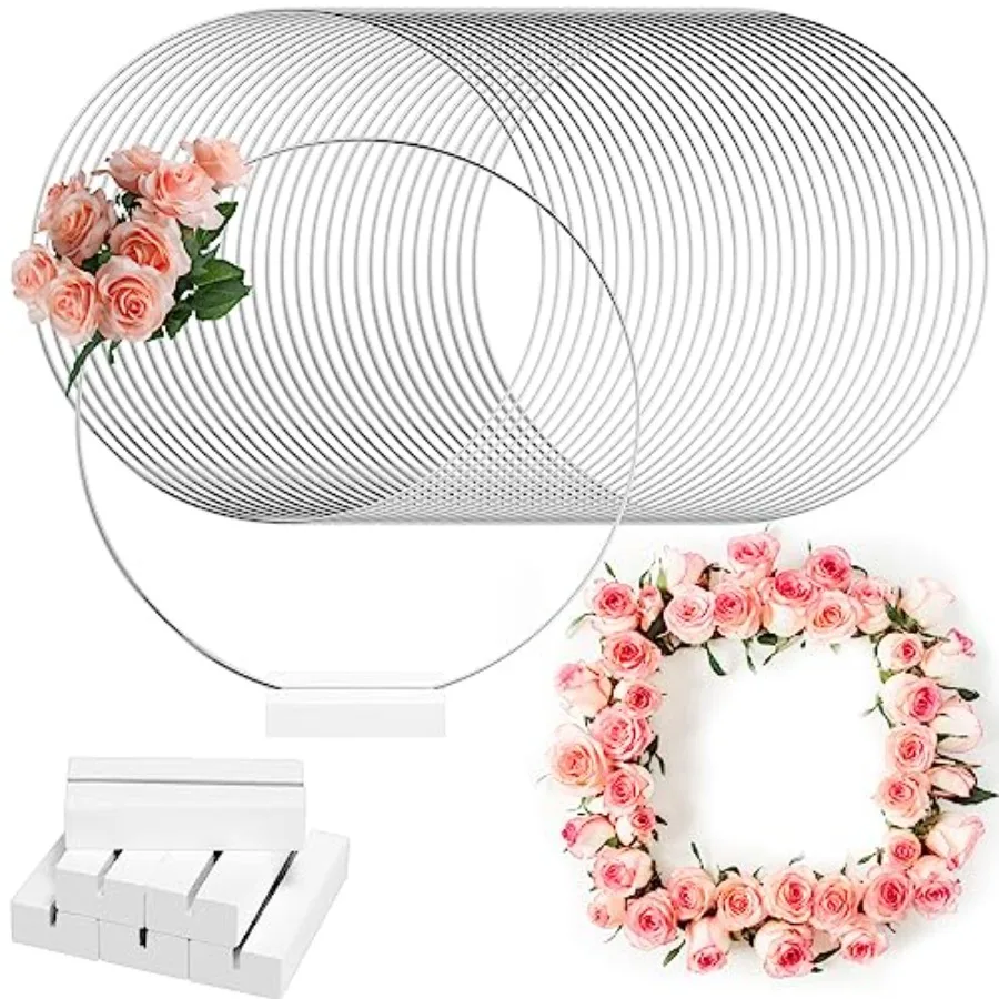 

Hicarer 64 Pcs Valentine 12 Inch Metal Sliver Floral Hoop Centerpiece with Wooden Holder Stand Bulk for Wedding Table Centerpie