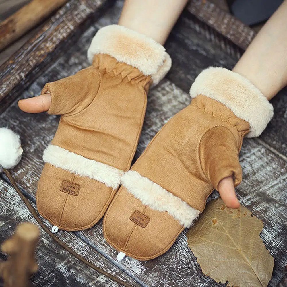 1 Pairs سميكة الوجه غطاء الجلد المدبوغ قفازات الشتاء الكتابة طالب أصابع قفازات الباردة واقية الحرارية القفازات الصوف قفازات مبطنة