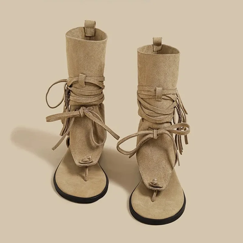 Sandalias de mujer estilo gladiador con flecos, botines de verano de gamuza con punta abierta, sandalias planas bohemias casuales tipo thong para mujer