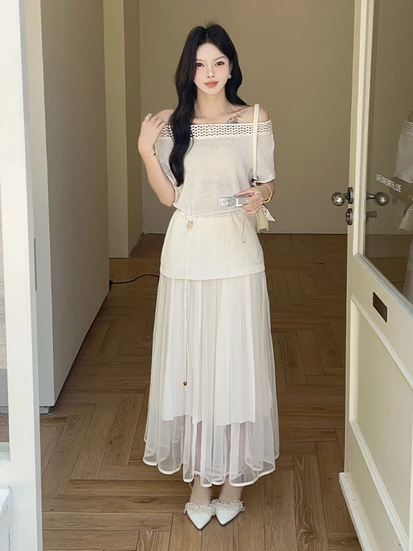 

Elegant Knitted One-Shoulder Top And Mesh Skirt Two-Piece Set Women's Summer Slimming High-Waisted Draped Fairy Tale Outfit