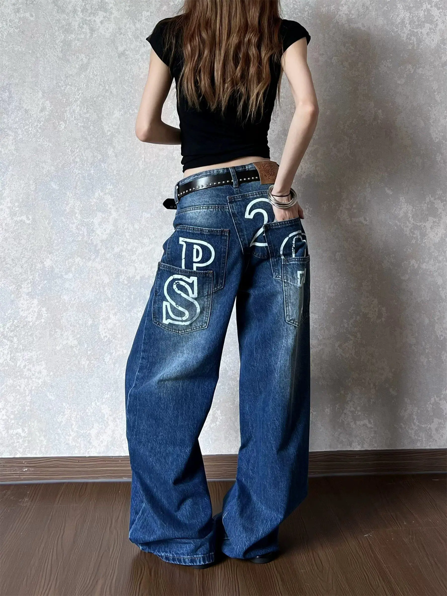 Women Blue Baggy Y2k Cargo Jeans Japanese 2000s Style High Waist Jean Pants Vintage Harajuku Oversize Denim Trousers