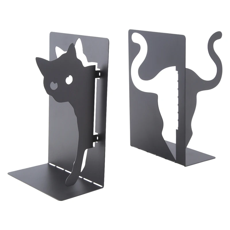 Design Cat Bookends - Metal Decorative Kitty Holders For Books, Magazines, Non-Slip Pads, Round Corners