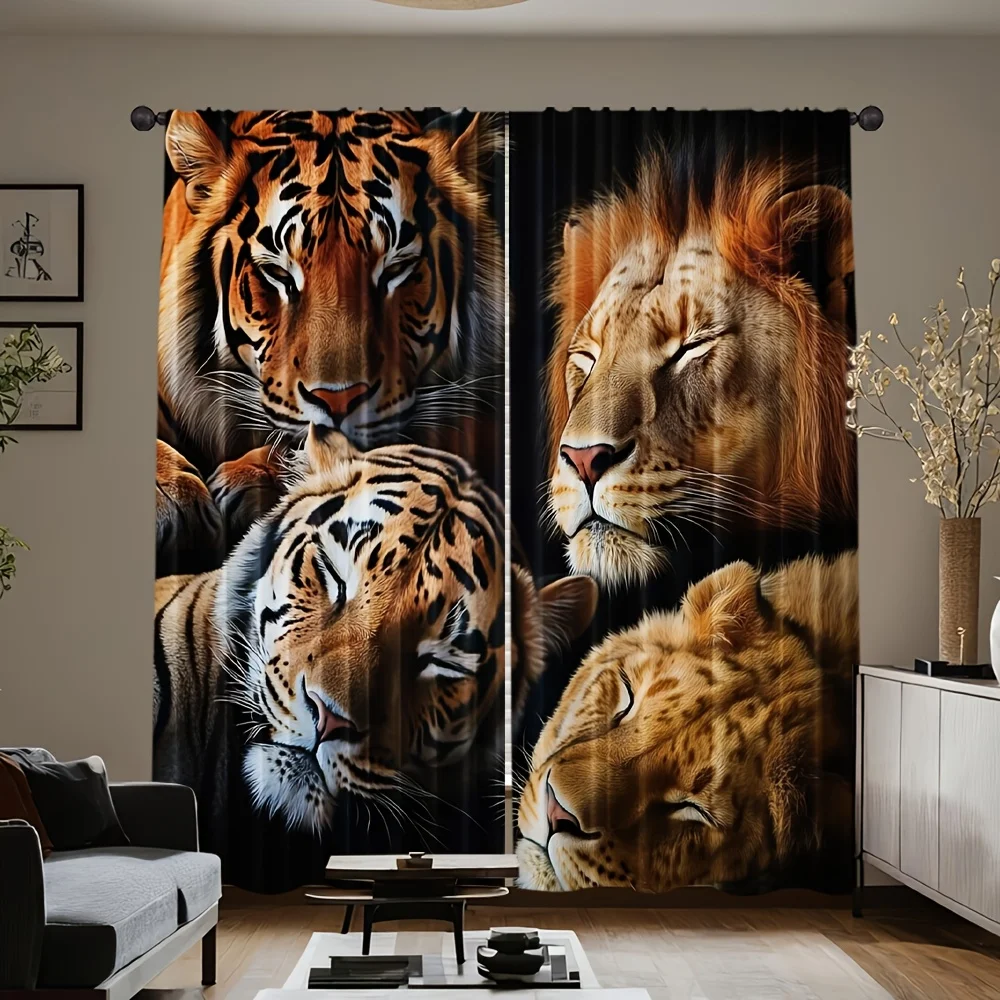 

2pcs, Animals Curtain Popular Wild Tigers And Lions Polyester. Animals for Kitchen, Bedroom & Living Room (Without Rod)
