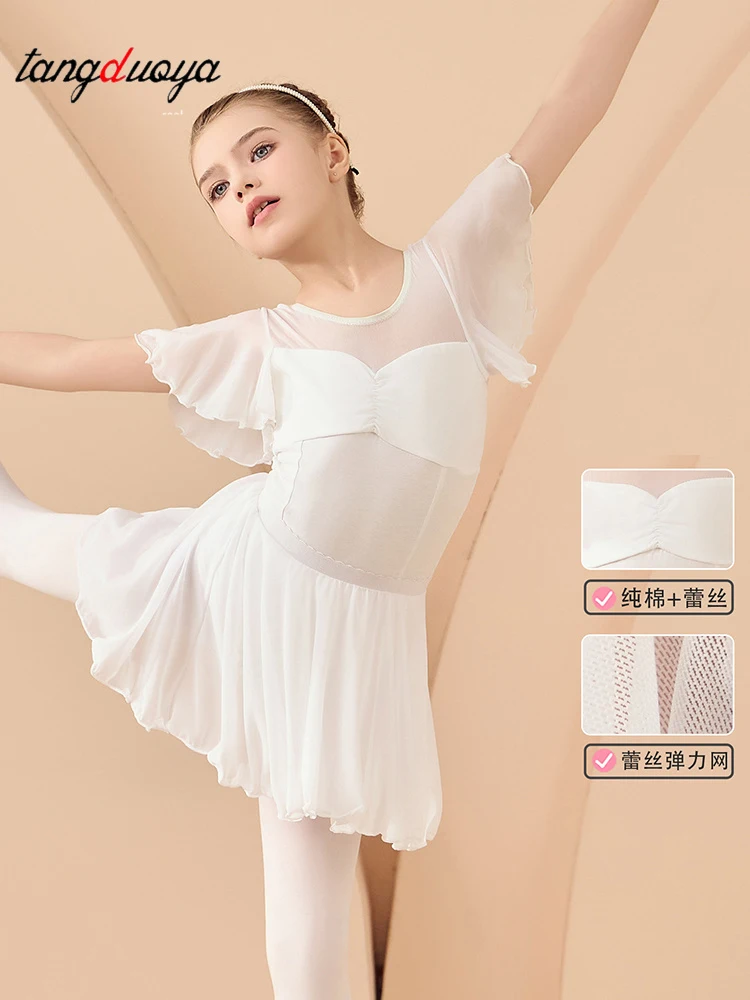 

Балетное платье с короткими рукавами, газовое боди для девочек, шифоновая юбка, детский костюм феи, боди, гимнастика, фигурное катание, элегантная новинка