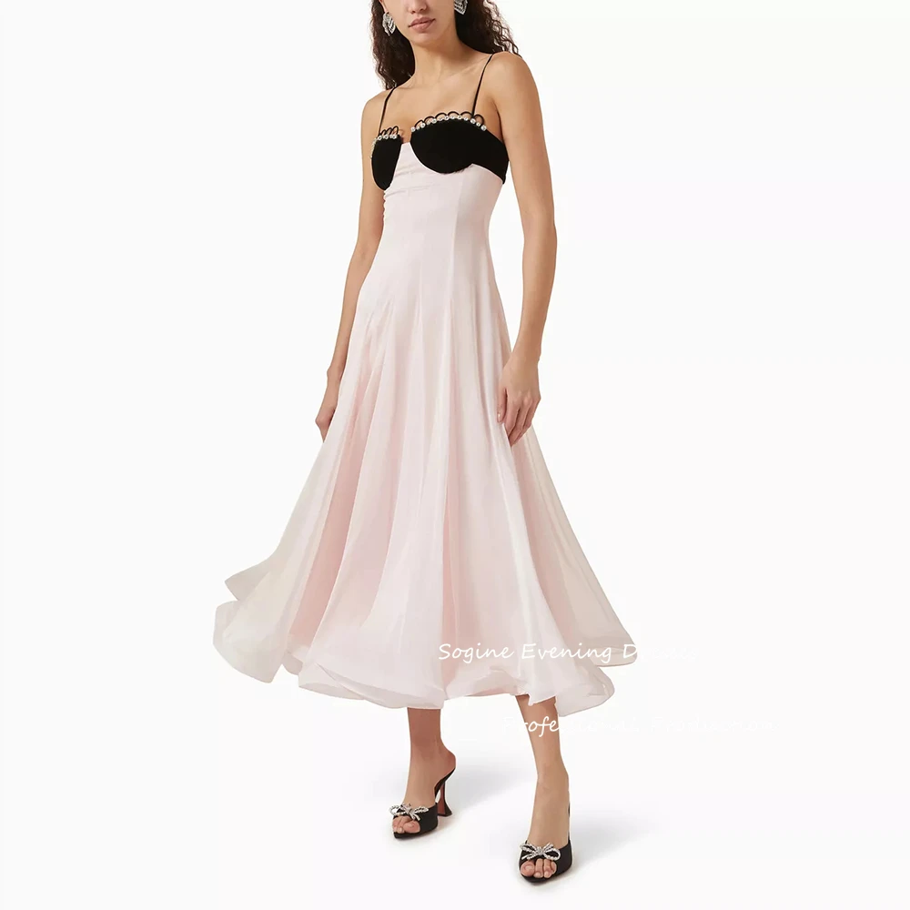 Spaghetti Strap Evening Dresses For Sexy Women Crystal-Trim Midi Dress A-Line فساتين سهرة Cocktail Party Gowns