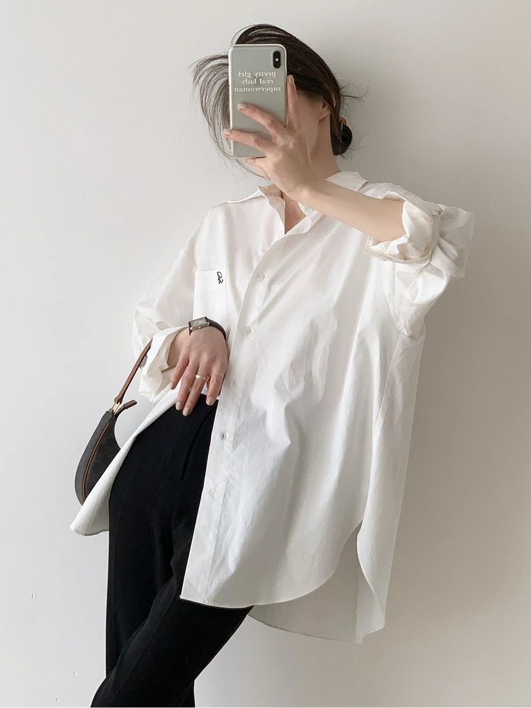 

Женская свободная длинная блузка Salt Series, лето 2026, корейская блузка с простым дизайном и эффектом похудения, белая вышитая блузка