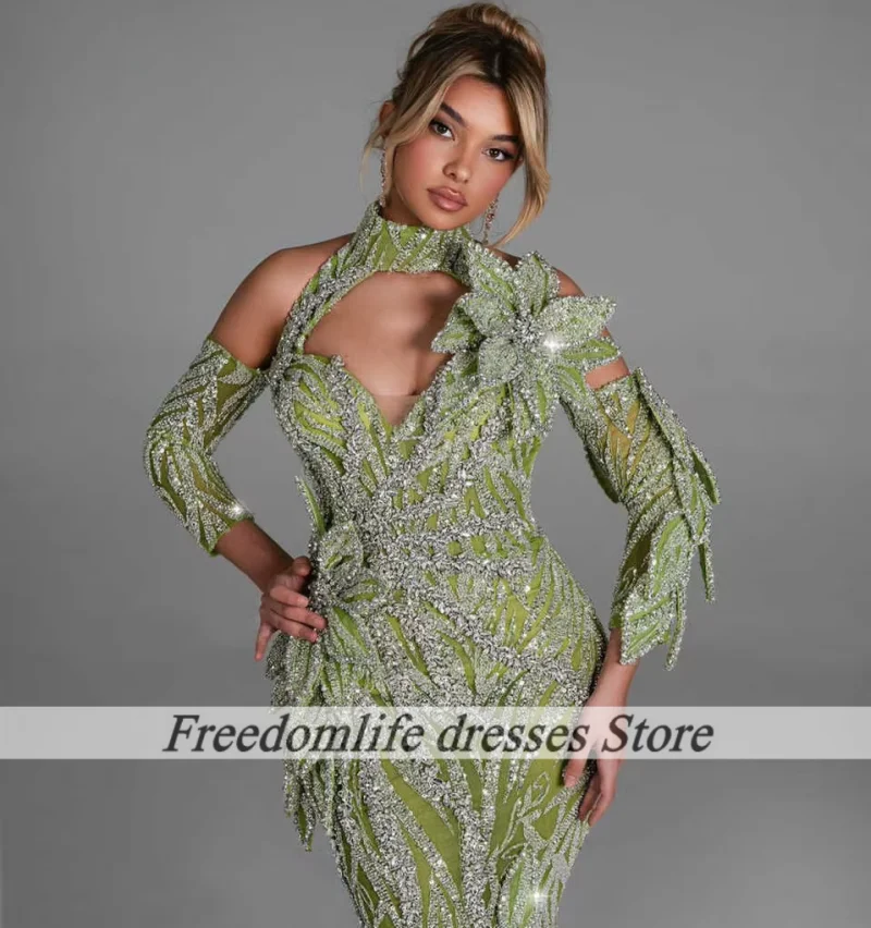 فساتين سهرة فاخرة للنساء ترتر بياقة عالية فساتين حفلات حورية البحر مطرز بالزهور لحفلات الزفاف حسب الطلب #2