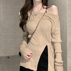 Summer Women Slit Long Sleeve Knitted T-shirt Chic Off Shoulder Slim Fashion Top