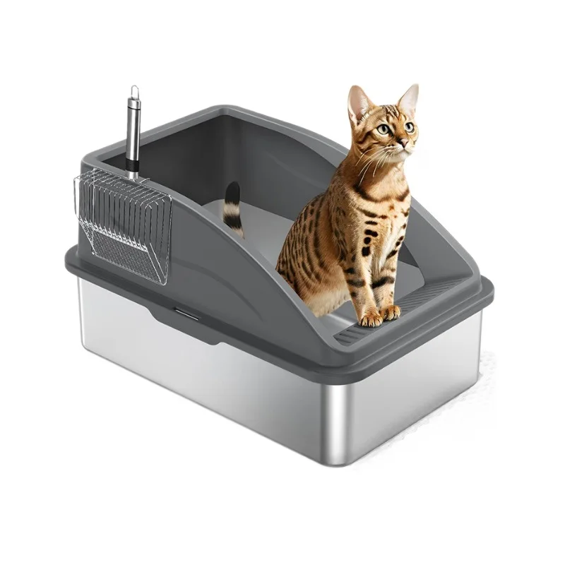 

Wholesale Custom Cat Litter Box High Side Stainless Steel Cat Litter Box Extra Large Semi-enclosed Cat Toilet