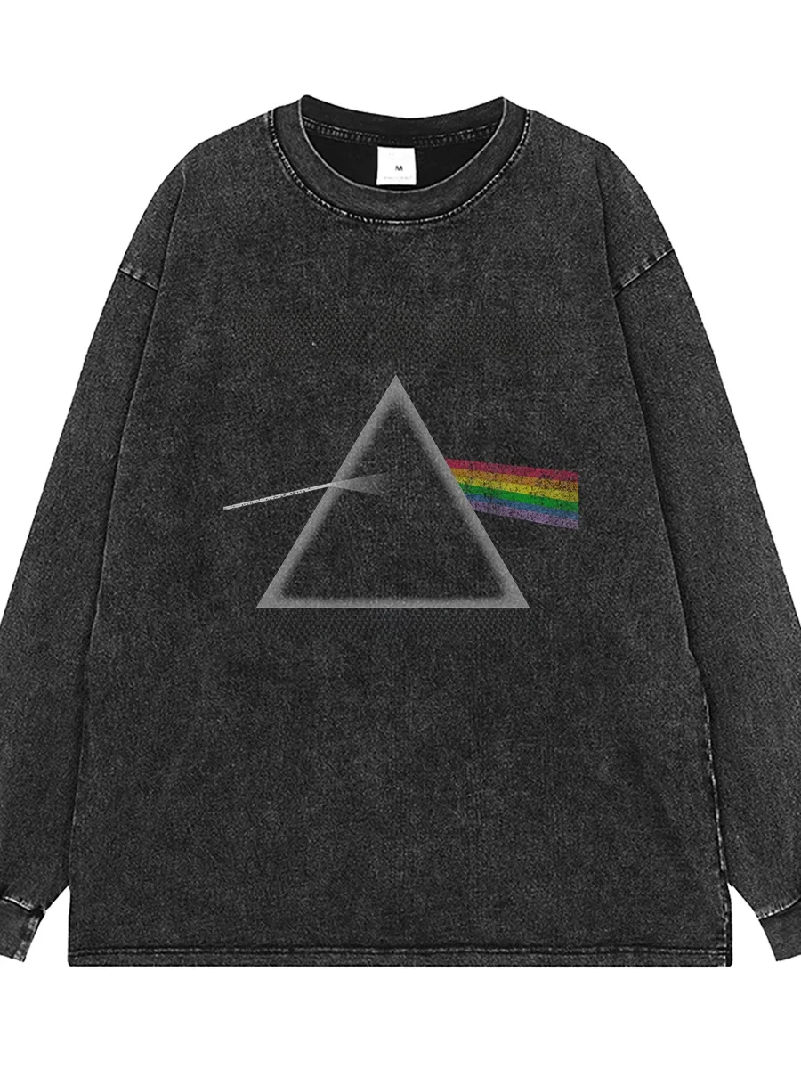 PinkFloyd Band Washed Vintage Grey Retro American Streetwear Rock Shoulder-Drift Loose Long Sleeve T-Shirt Youth Casual Style