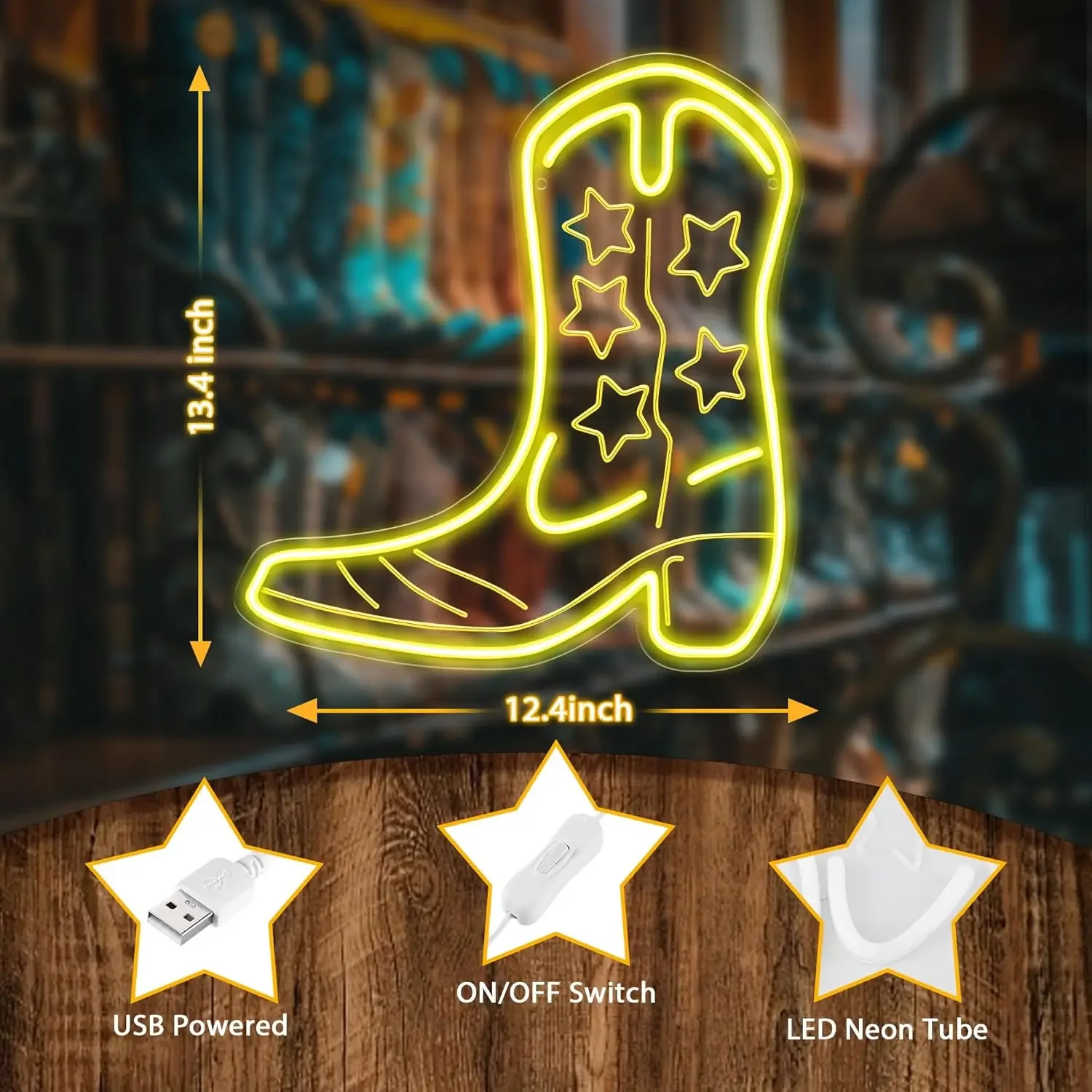 Cowboy Boot Neon Sign Yellow LED Wall Art Western Star Glow USB Powered Dimmable Acrylic Lamp Bar Party Room Decor