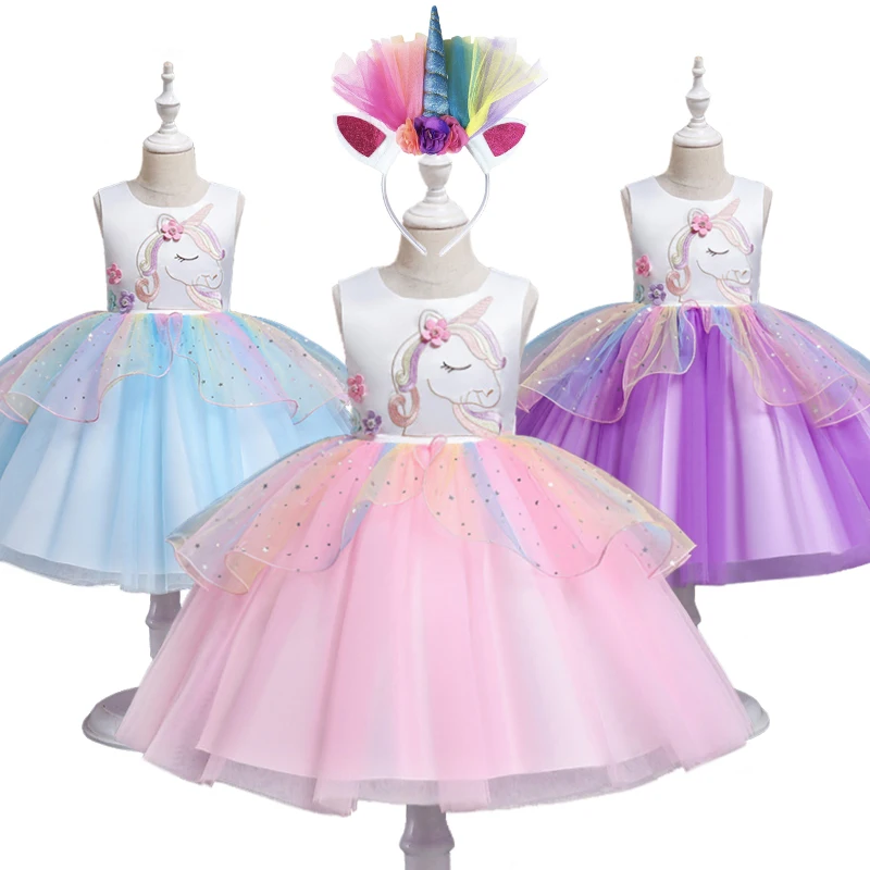 Summer Fancy Girl Rainbow Unicorn Embroidered Flower Dress Children's Ruffle Style Colorful Tulle Horse Performance Party Dress