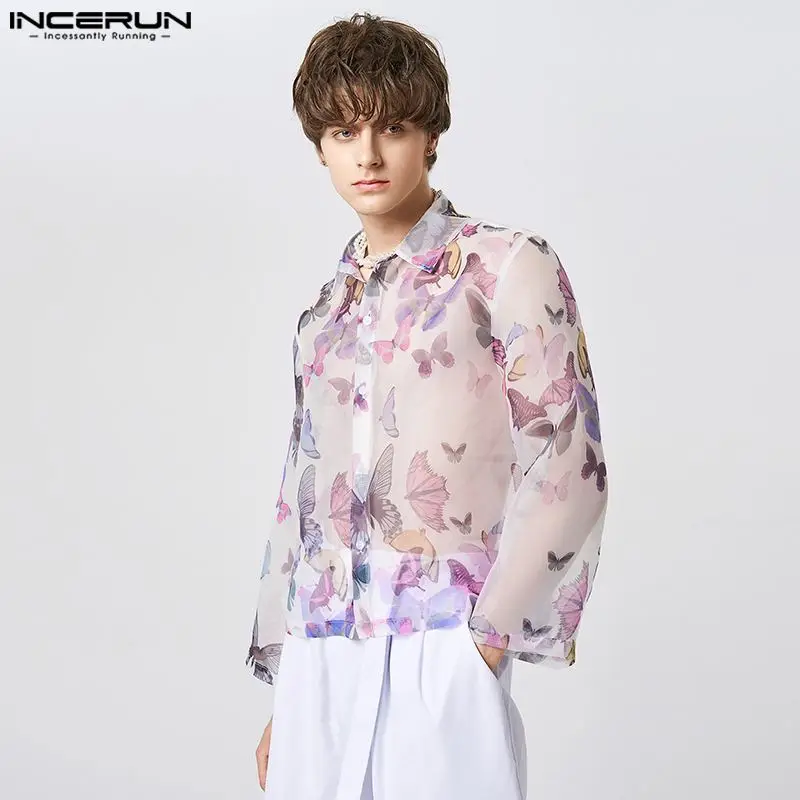 INCERUN Fashion Men Shirt Printing Mesh Transparent Lapel Long Sleeve Sexy Male Shirts 2023 Loose Streetwear Party Camisas S-5XL