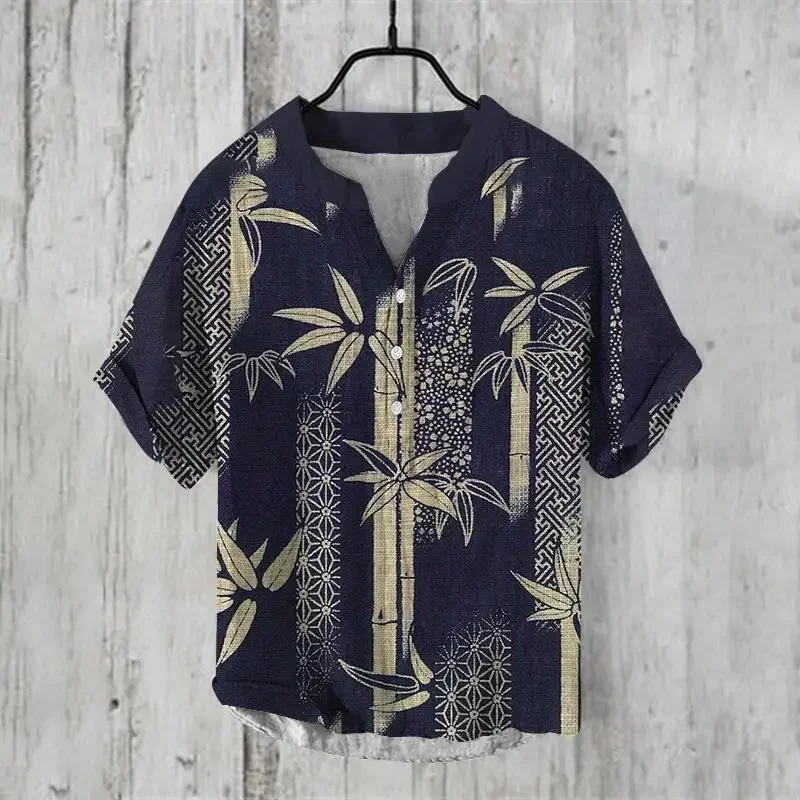 Camicia hawaiana, serie di bambù con pittura tradizionale cinese, stampa digitale 3D, stile etnico da uomo, scollo a v con fibbia in 3 pezzi