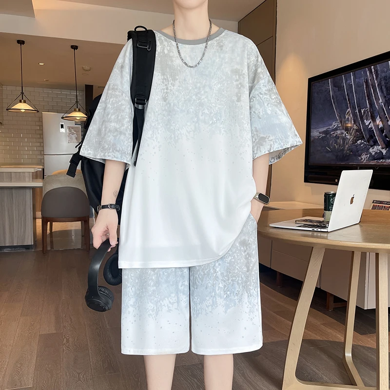 【Top 5-Point Pants】Men's T-Shirt Set New Summer Fashion Tie-Dye Street Fashion Sports Casual Daily Outing Comfortable Loose Suit view 3