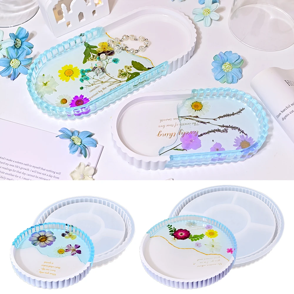 S0207 Molde de silicona redondo ovalado con borde rayado para bandeja de resina epoxi, manualidades, bricolaje, hormigón, resina, joyería, yeso, plataforma