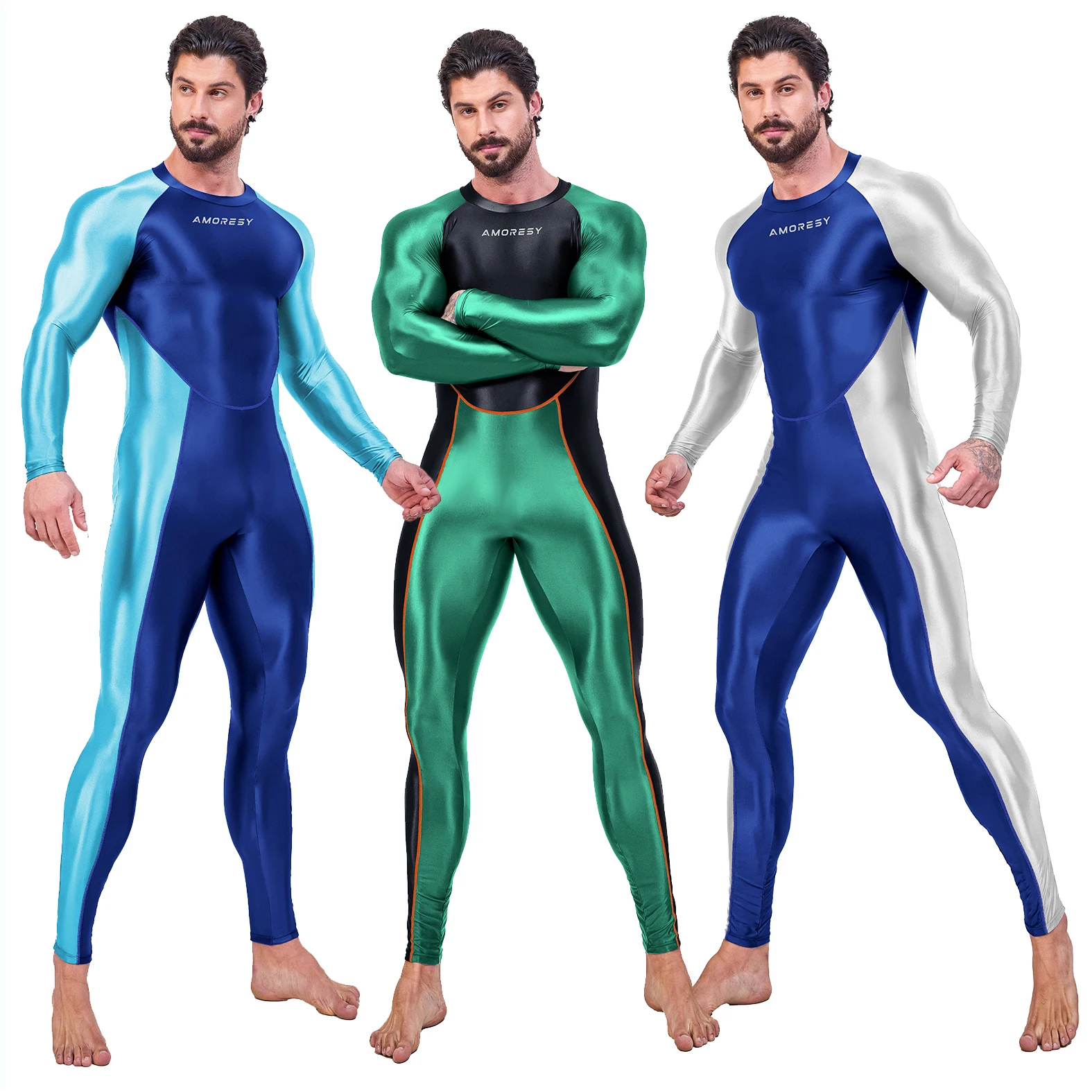 AMORESY Draco Series Color Block Men's Bodysuit Full-Length Spandex Sports Tights Catsuit Playsuit Swimwear Overall