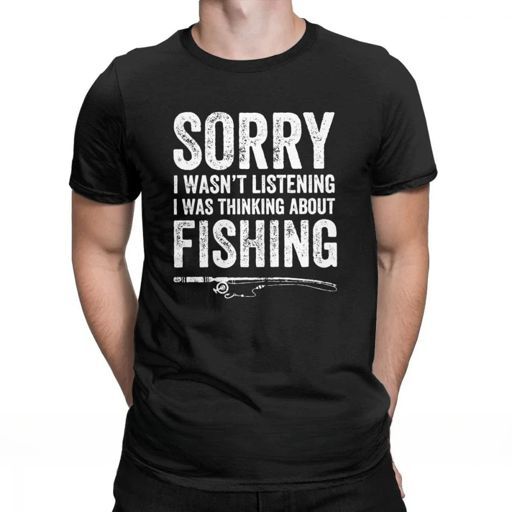 Men Funny Fisher Quote Printed Tops Short Sleeve Vintage O Neck Cotton Round Neck Tees Thinking About Fishing Fisherman T Shirt