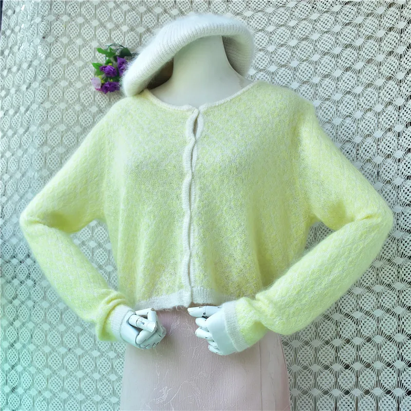 

Ladies Women Spring Autumn Fashion Soft Cozy Hairy Mohair Wool Knitted Short Style Long Sleeves Loose Cardigans Sweater Jacket