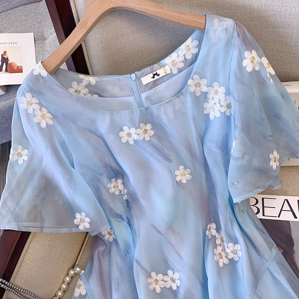 Robe décontractée en mousseline de soie, grande taille, imprimé floral, tissu confortable, respirant, col rond, cool, nouveauté 2024