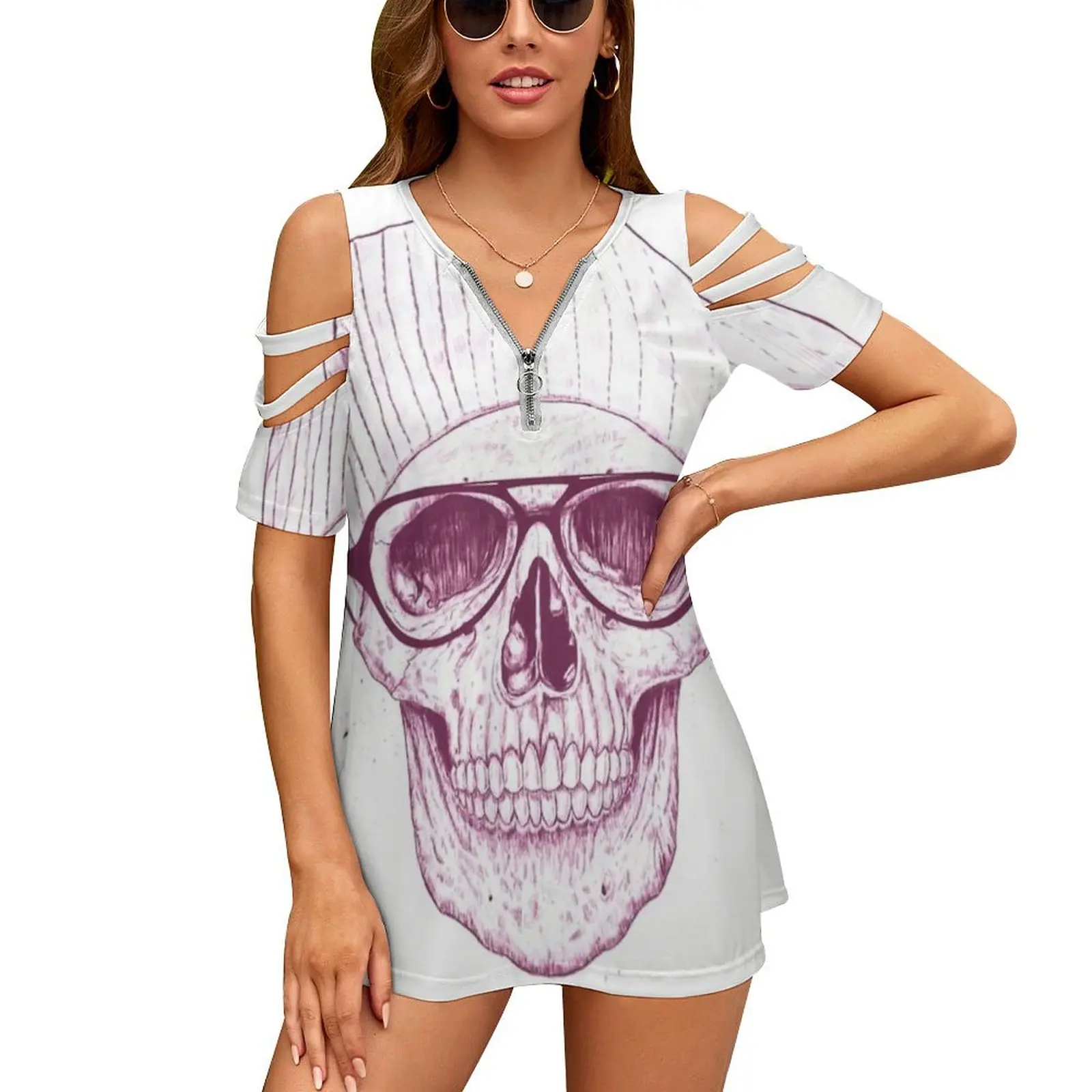 Cool Skull Fashion Print Women Ladies Girls T-Shirt Harajuku Round Neck Short Sleeve Tops & Tees Skull Glasses Hat Hipster