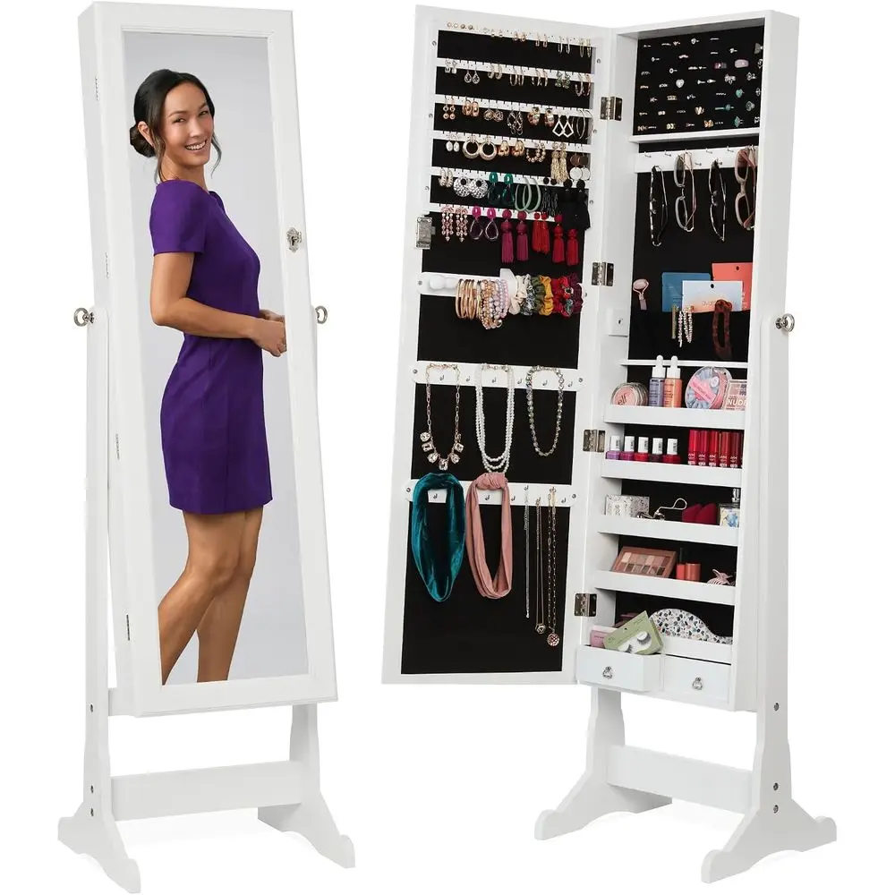 reestanding lry Armoire Cabinet, ull Length Standing Mirror, Lockable Makeup Storage Organizer, w/Velvet Lining, 3 Angles, Lock,