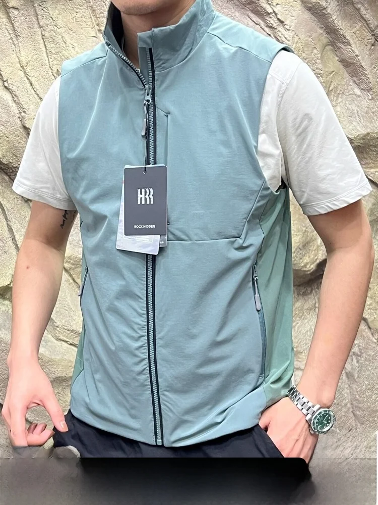 

Мужской уличный модный жилет с контрастными вставками, дышащий, быстросохнущий, с воротником-стойкой, из полиэфирного волокна, для лета и осени