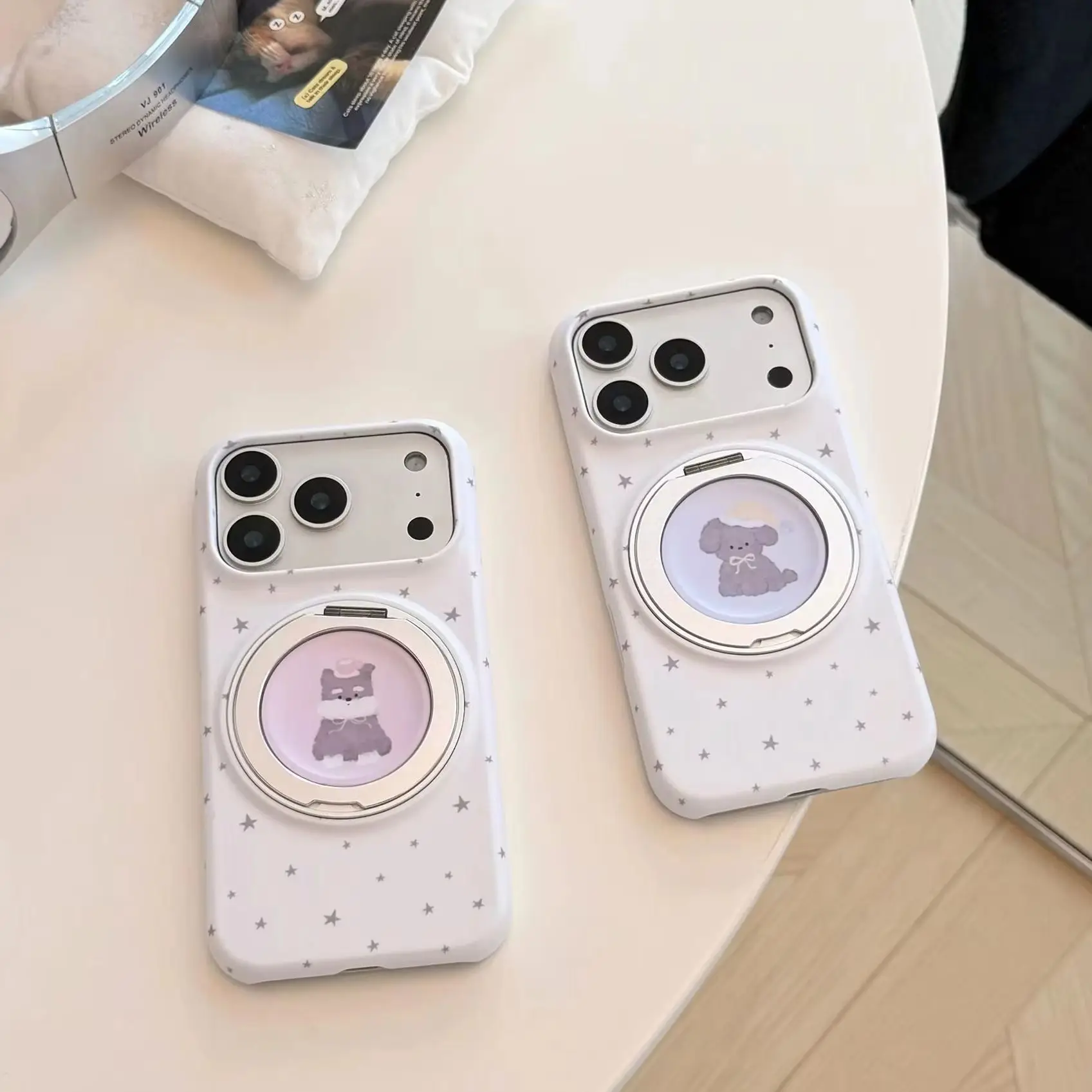 Cute Purple Pink Puppy Star Pattern White Matte Cover Case For iPhone 17 16 15 14 13 Pro Max with 360° Rotation Holder view 5
