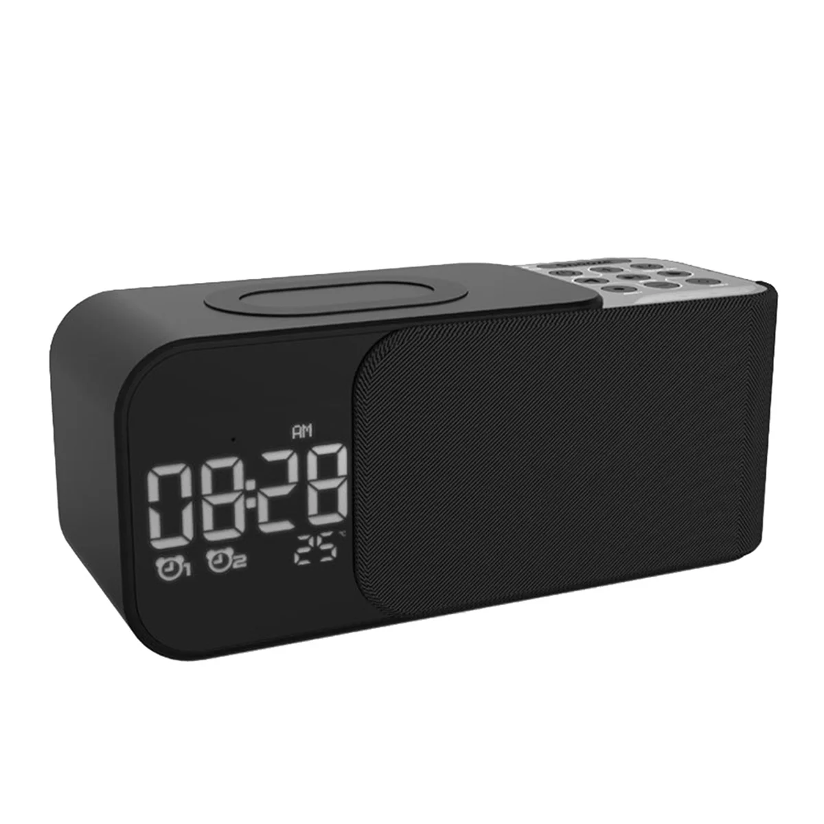 Digital Stereo FM Radio Alarm Clock Night Light Bluetooth Speaker 10W Wireless Charger-Black