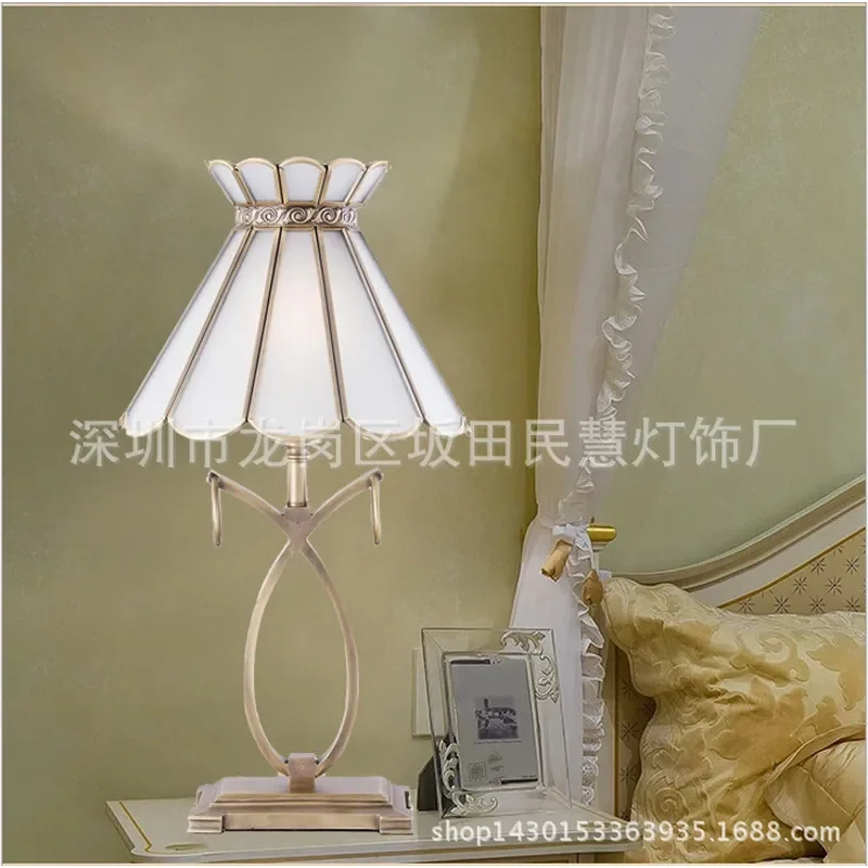 European Style All Copper Table Lamp with Glass Shade Vintage Brass Desk Light for Living Room Bedroom Bedside Decor Lighting