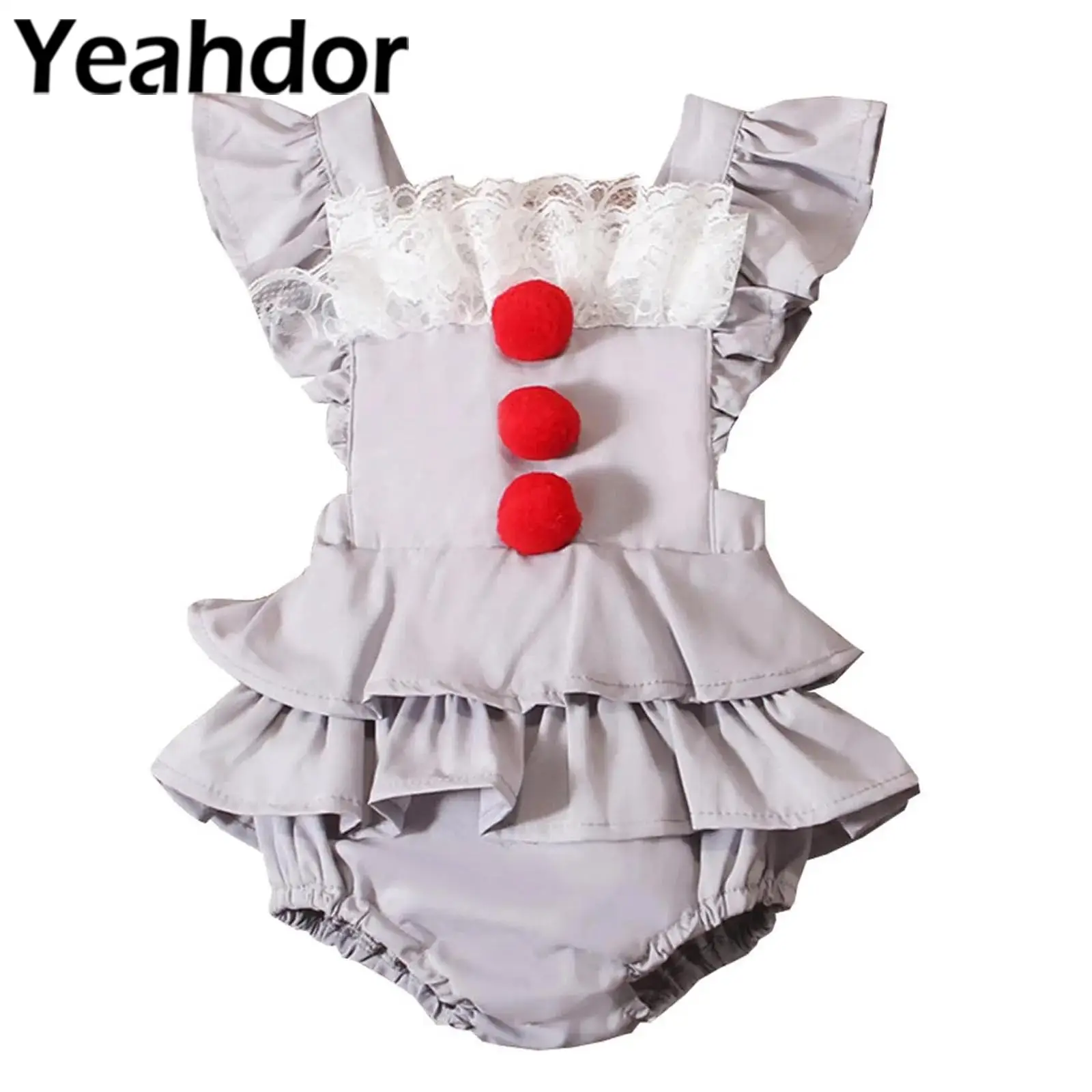 Disfraz de payaso espeluznante de Halloween para niñas, vestido de Joker gris con volantes en capas de manga larga, mameluco para sesión de fotos de fiesta