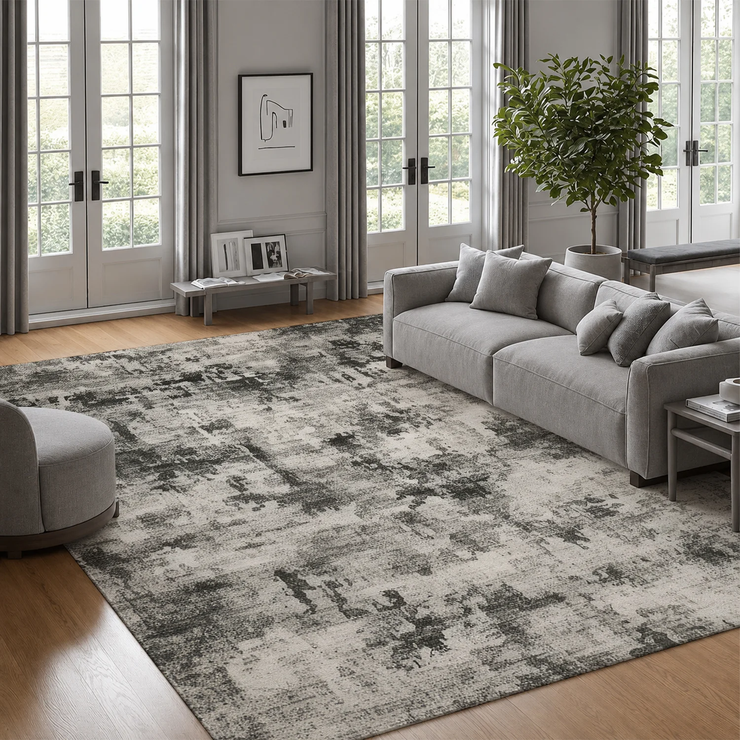 Large Indoor Area Rug Soft Velvet Low Pile with Non-slip Dotted Backing Machine Washable Abstract Grey Distressed Modern Rug for Living Room Bedroom Home Decor