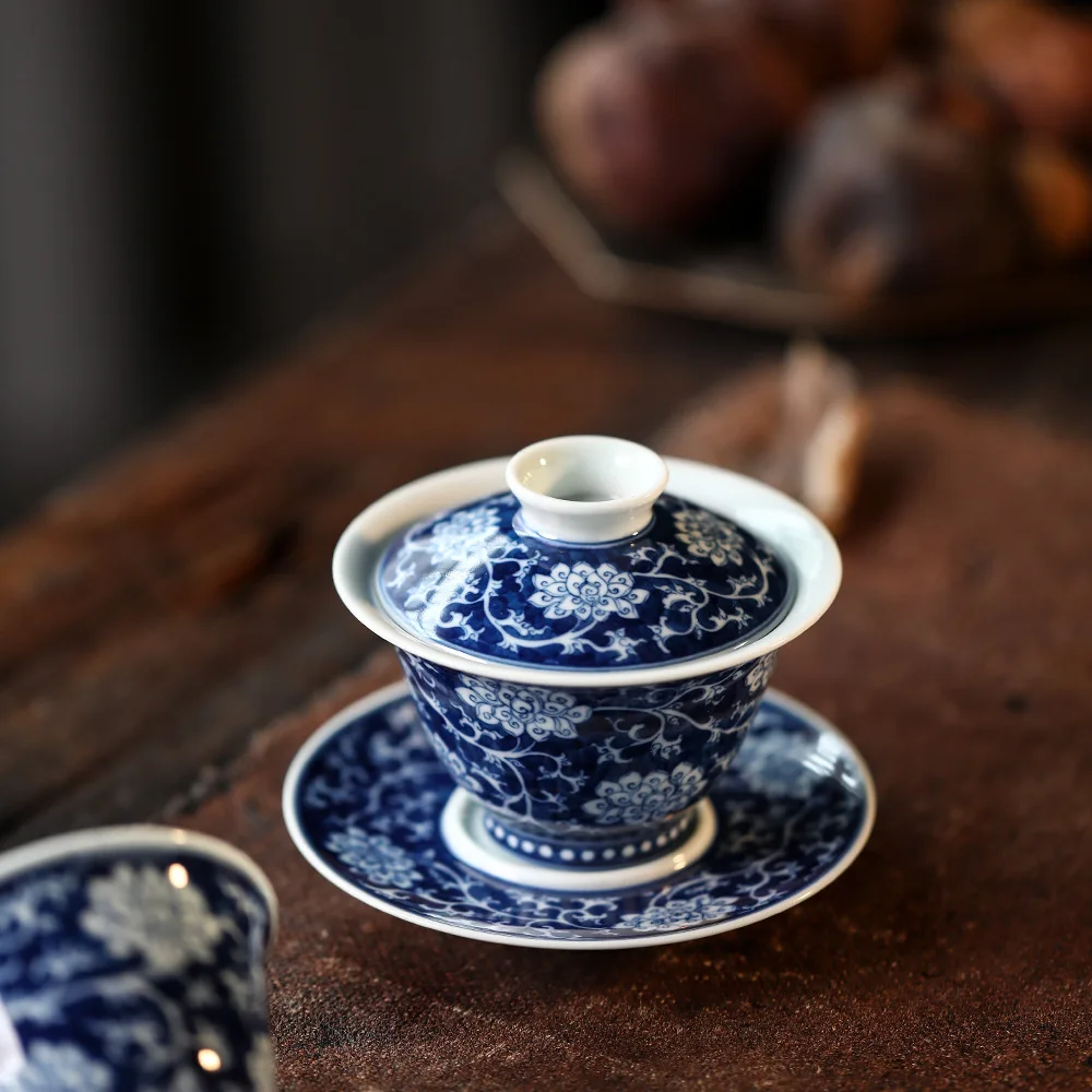 Hand Painted Blue and White Porcelain Gaiwan Jingdezhen Handmade Ming Style Lotus Pattern Three-Piece Tea Bowl