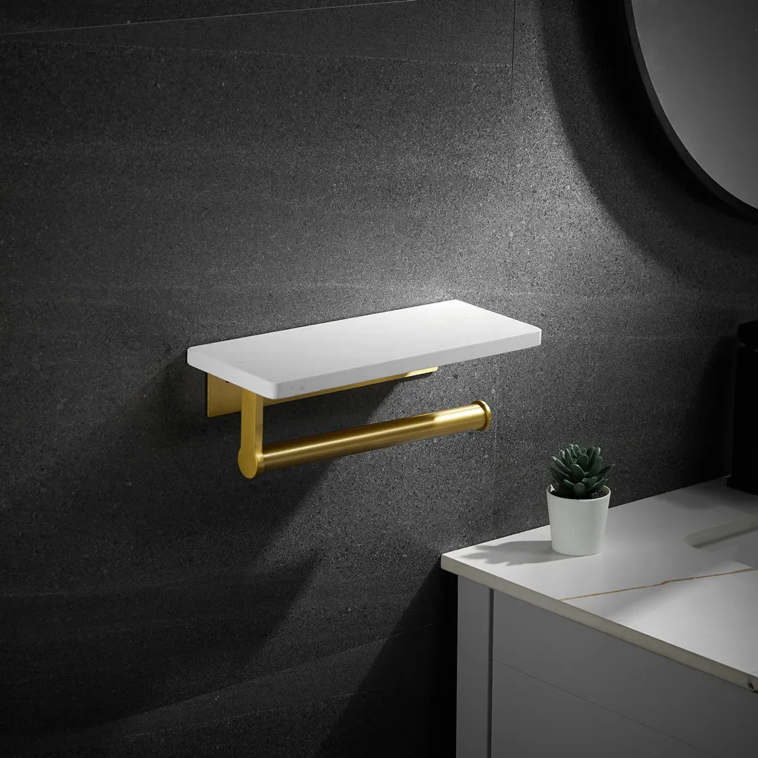 High Quality Bathroom Accessories White Marble Towel Rack Dressing Table With Hook Wall-mounted Kitchen Bathroom Shelf