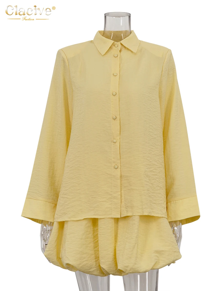 Clacive Fashion Loose Yellow Women\'s Two Pieces Set 2025 Elegant Long Sleeve Shirt With High Waist Pleated Mini Skirt Set Female