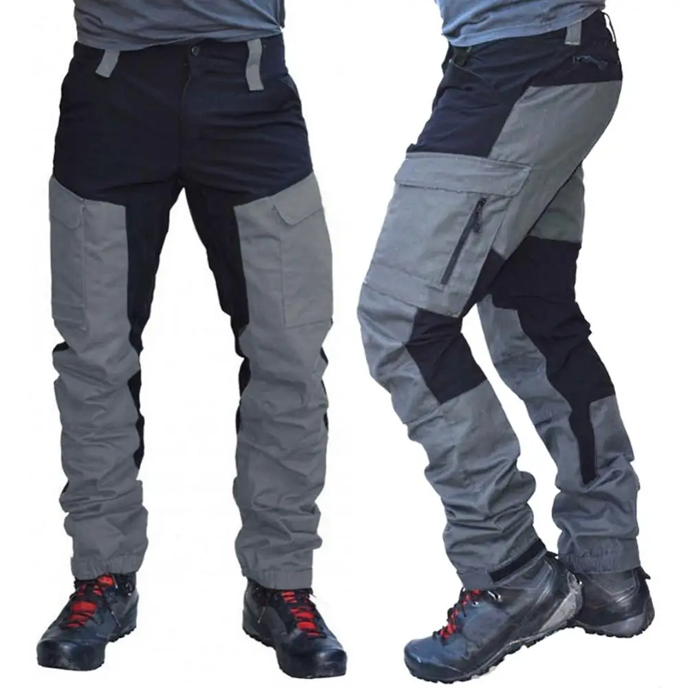 Nylon Men Cargo Pants Color Block Multi Pockets Sports Pants Work Trousers Outdoor Hiking Trekking Joggers Pants