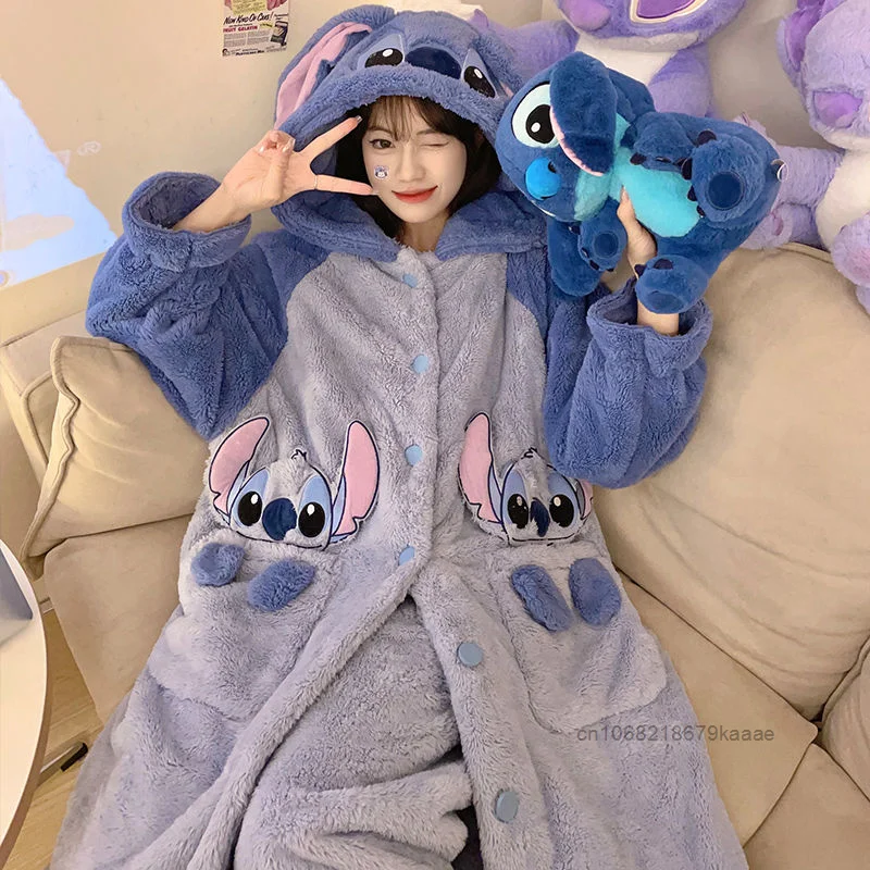 Disney Stitch Coral Velvet Sleeping Robe Korean Version Cute Fashion Thick Nightwear Women\'s Winter New Flannel Home Clothes Set