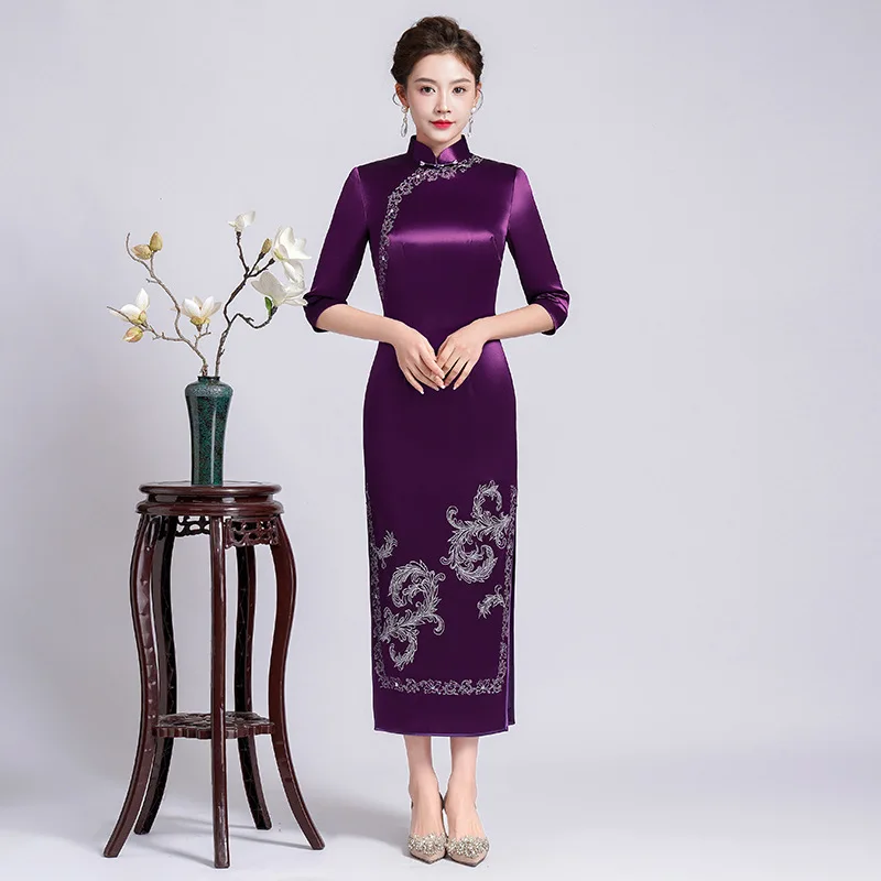 

Yourqipao Chinese Cheongsam Party Dresses Mother Of The Bride Wedding Banquet Dress Long Prom Cocktail Wedding Guest Dress