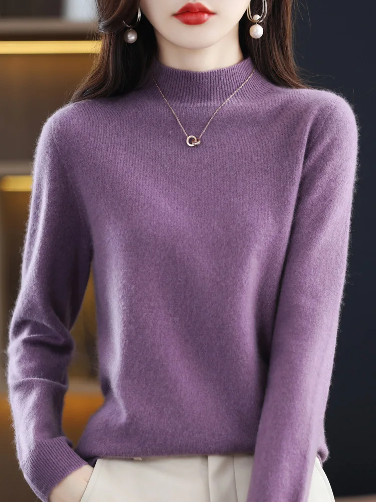 Long Sleeve 100 % Merino Wool Sweaters Cashmere  Pullover Autumn Winter  Mock Neck Women Knitted Tops Clothing Basic Knitwear