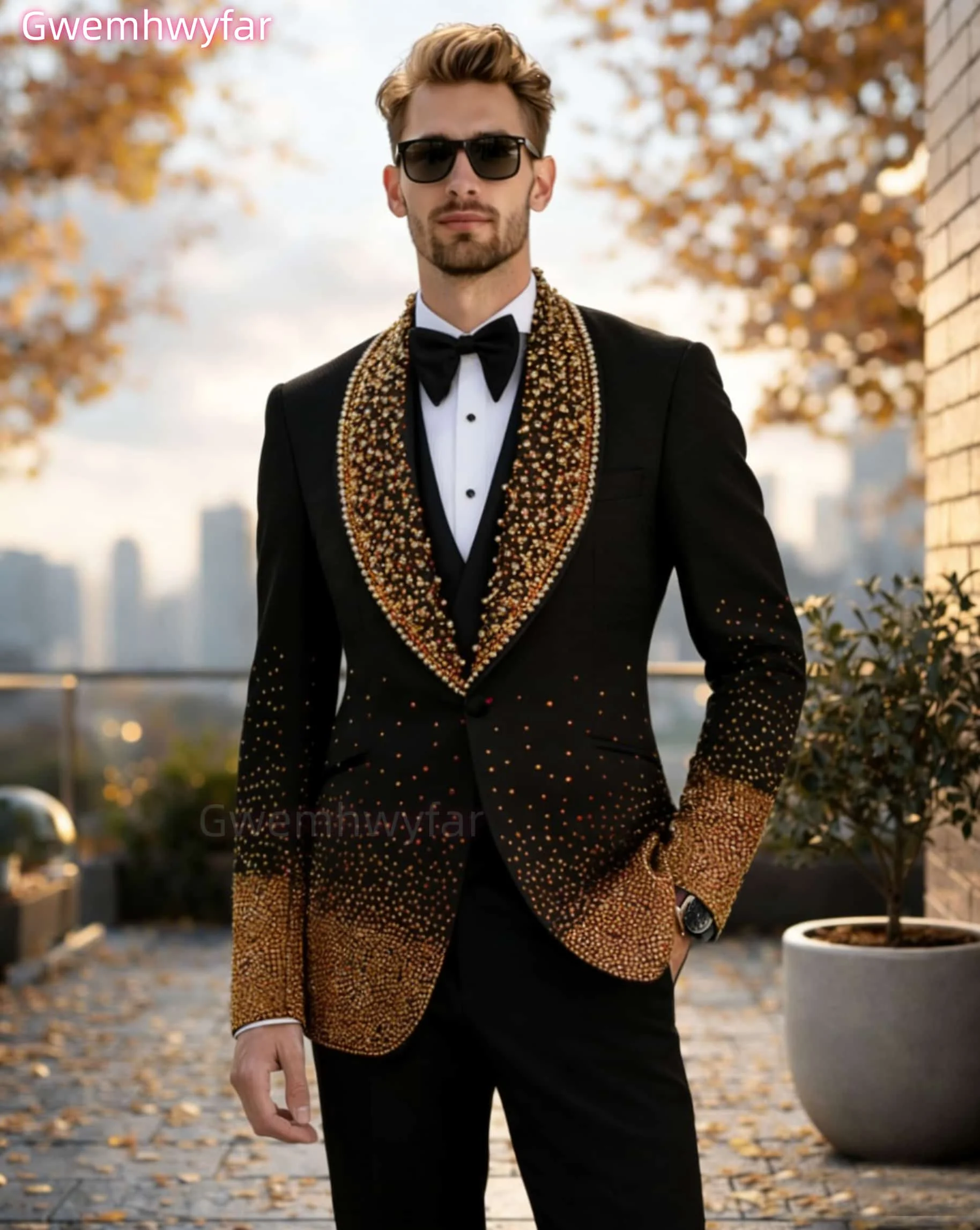 

Мужской модный костюм Gwenhwyfar черного цвета с шалевым воротником, смокинг из 3 предметов, хит продаж для шаферов и свидетелей, блестящий, с бриллиантами, для официальных мероприятий, бизнеса и выпускных вечеров