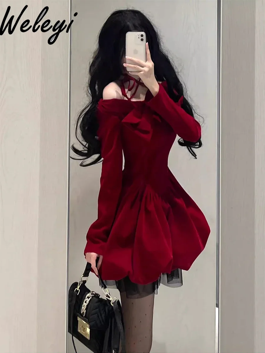 Autumn and Winter Sweet Wine Red Neck Velvet Short Dress Female 2024 New Year Robe Ladies Princess Long Sleeve Dresses for Women