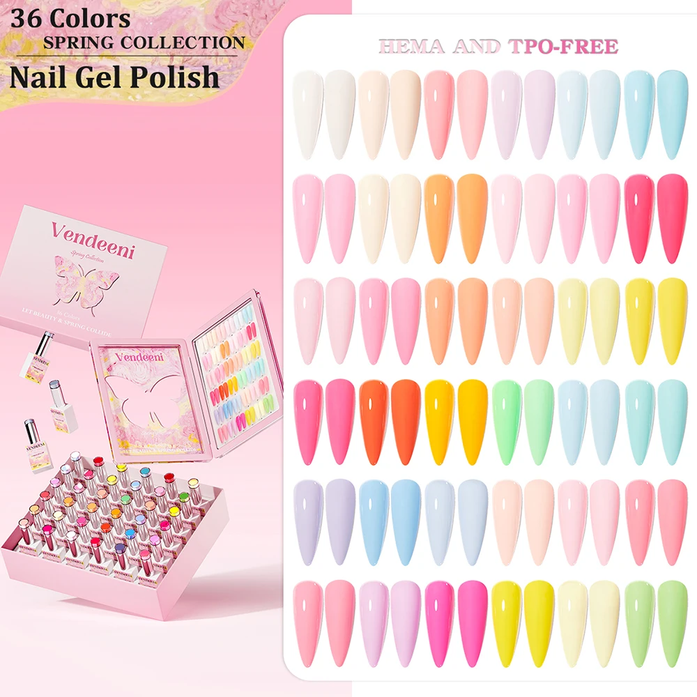 Vendeeni 36 Colors/set Pink Spring Pure Color Crystal Gel Nail Polish UV LED Manicure Nail Varnish With Color Card TPO/HEMA FREE